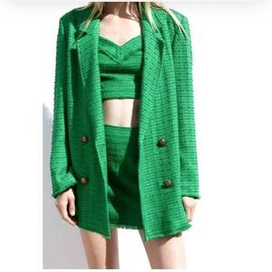 Zara Tweed Oversized Blazer Textured Double Breasted Size Large in Green Blogger